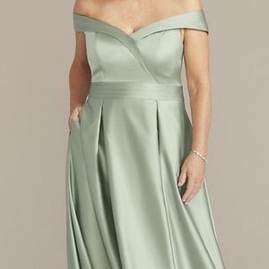 Davids Bridal Sage Satin Off Shoulder